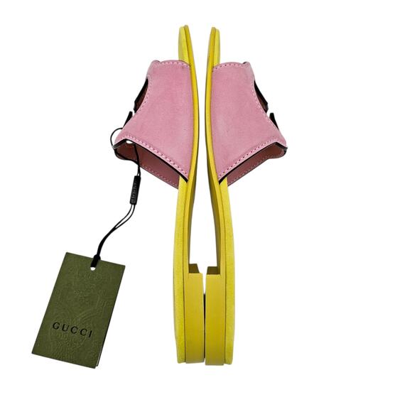 Gucci GG Cut Out Slide Flat Sandal Yellow Pink Suede Leather Size 38.5 US 8.5 - Picture 7 of 9